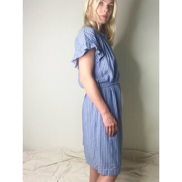 ISABELLA SINCLAIR Chambray Pinstripe Flutter Sleeve Mini Cotton Dress US LARGE - Picture 9 of 16